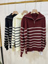 Heavy Knitted Collar Zip Stripes Pullover